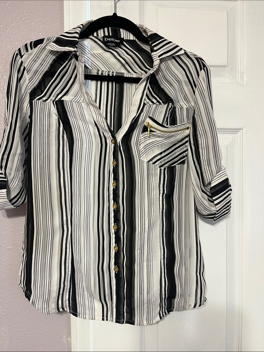 bebe Black & White Striped Button-Up Shirt with Zip Pocket